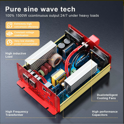 Inversor de corriente, Sinusoidal Pura 1500W, 12v A 120v, 60Hz.