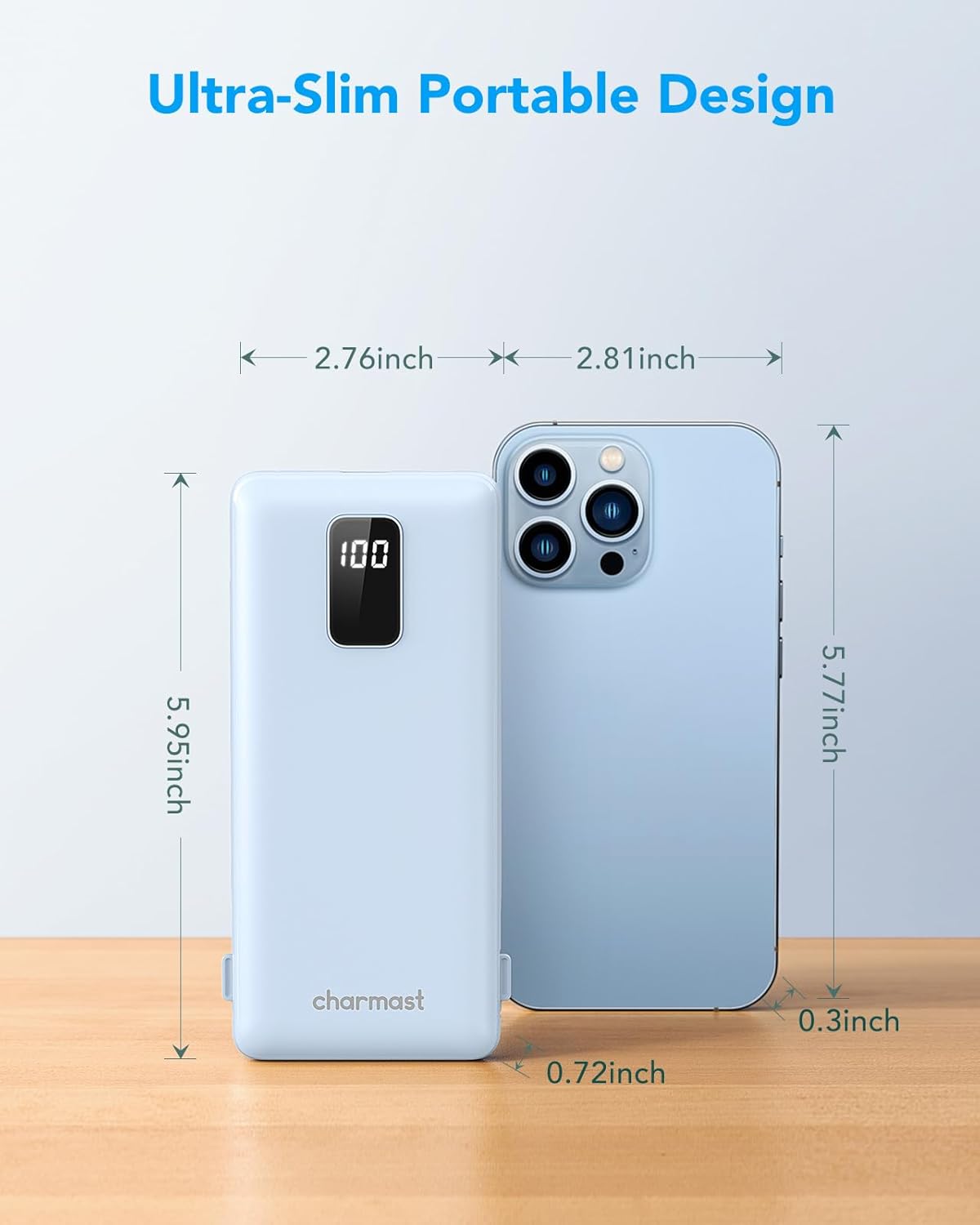 Charmast Cargador portátil con cables integrados y enchufe de pared.