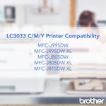 Brother LC30333PKS - Paquete de 3 cartuchos de tinta de color de alto rendimiento.