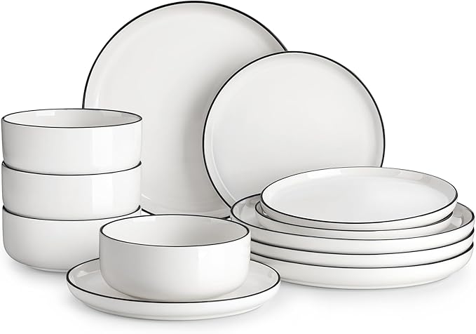 Vajilla Porcelana 12 Piezas Set 4 Blanco Borde Negro MALACASA