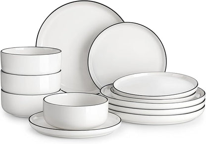Vajilla Porcelana 12 Piezas Set 4 Blanco Borde Negro MALACASA