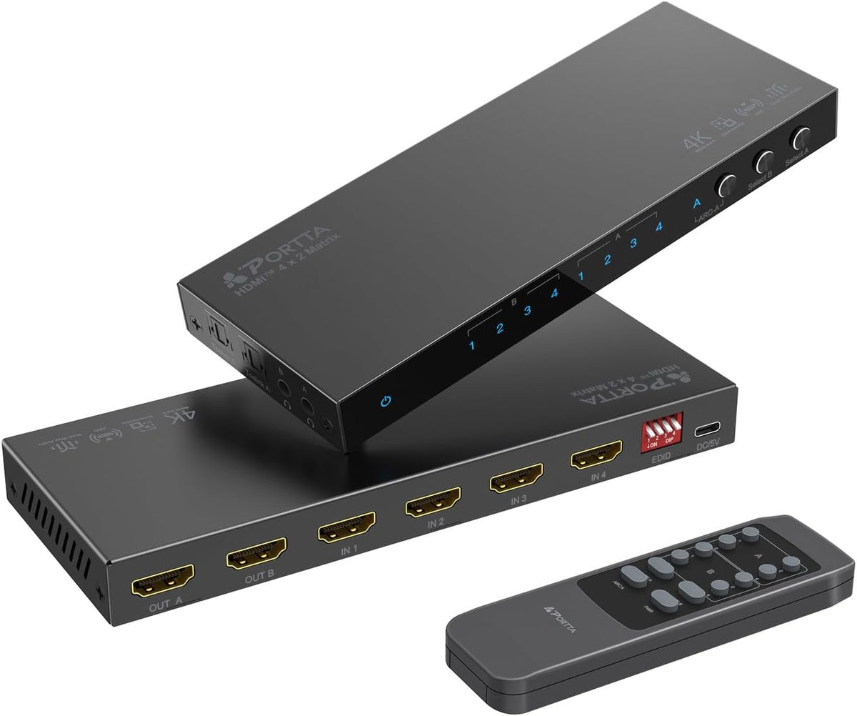 Matriz HDMI 4x2 Portta con extractor de audio y control remoto IR