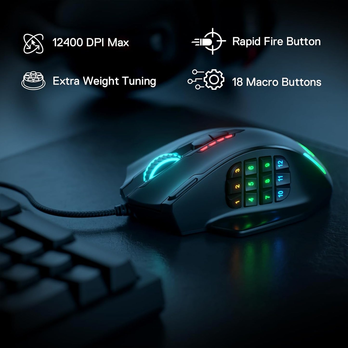 Ratón Redragon Impact RGB LED MMO con botones laterales.(USADO)