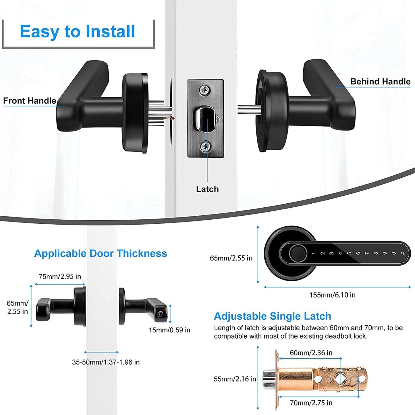 Cerradura de puerta con huella dactilar, cerradura de puerta inteligente con teclado, cerradura de entrada sin llave, con asa para hogar, hotel, oficina, departamento, recámara
