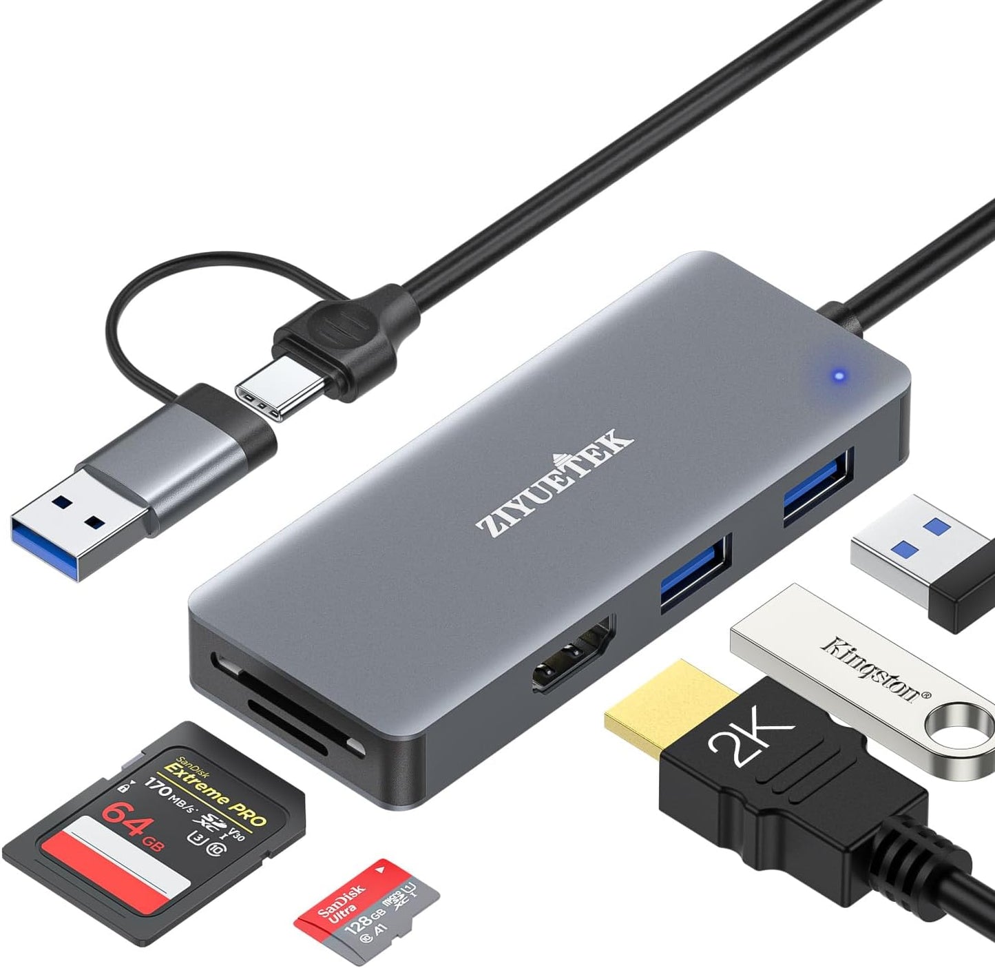 Adaptador USB 3.0 y tipo C a HDMI, 5 en 1, Docking Station.
