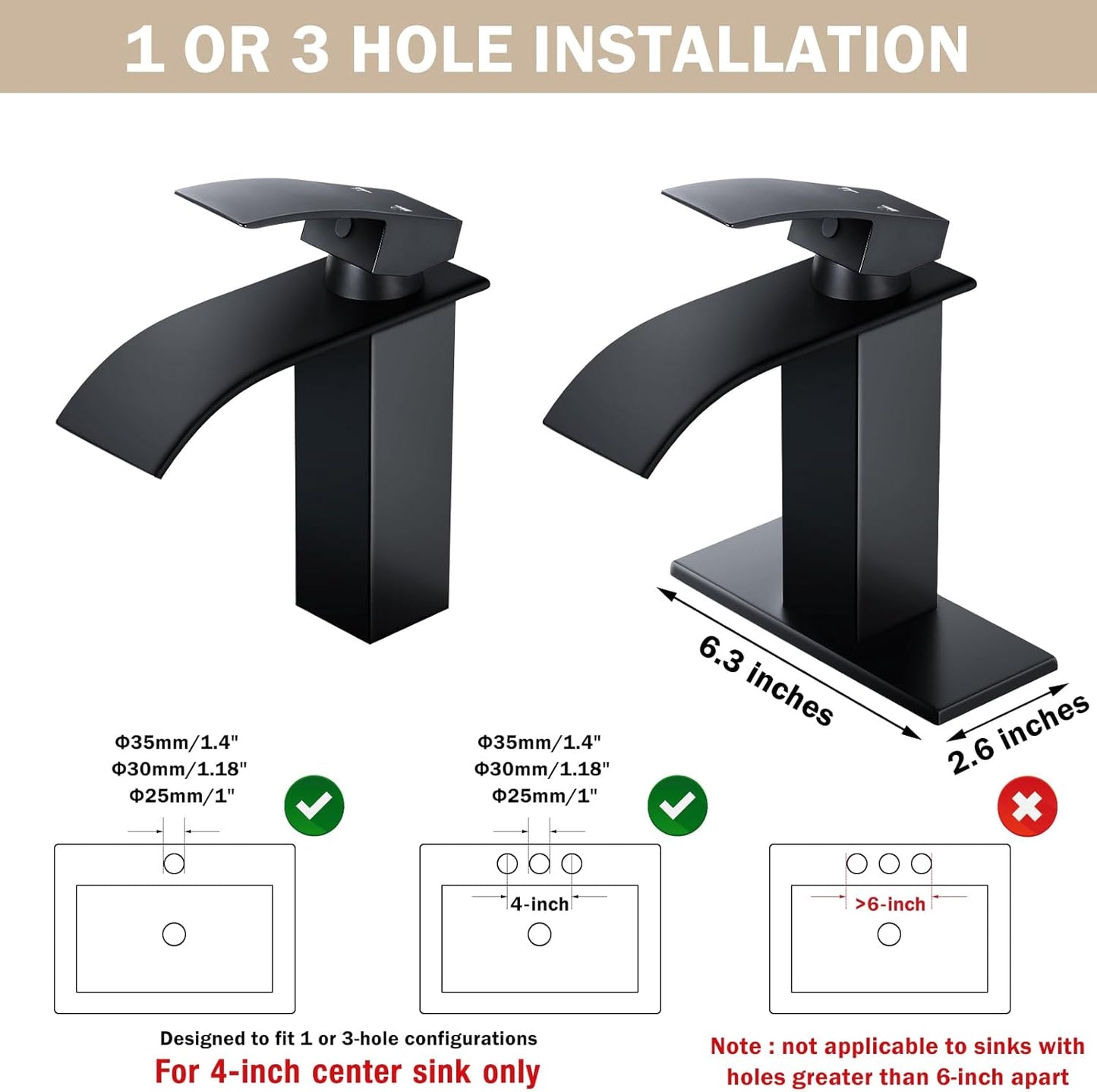 Grifo de baño Qomolangma con caño cascada negro