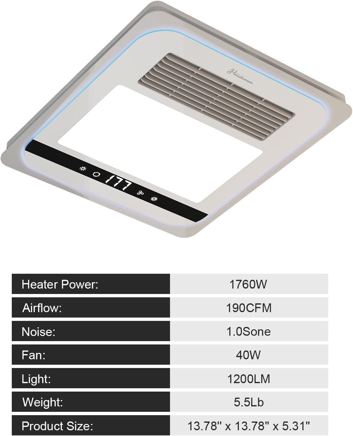 Ventilador de escape de baño 4 en 1 con luz, 1760 W, 190 CFM,