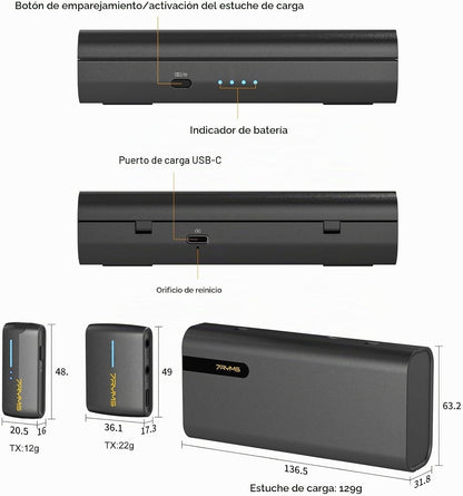 Mic Inalámbrico 7RYMS DW40, 4 Canales 48kHz/24bit, Estuche