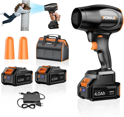 Soplador de hojas inalámbrico KOMAX, tubo soplador y 2 baterías.