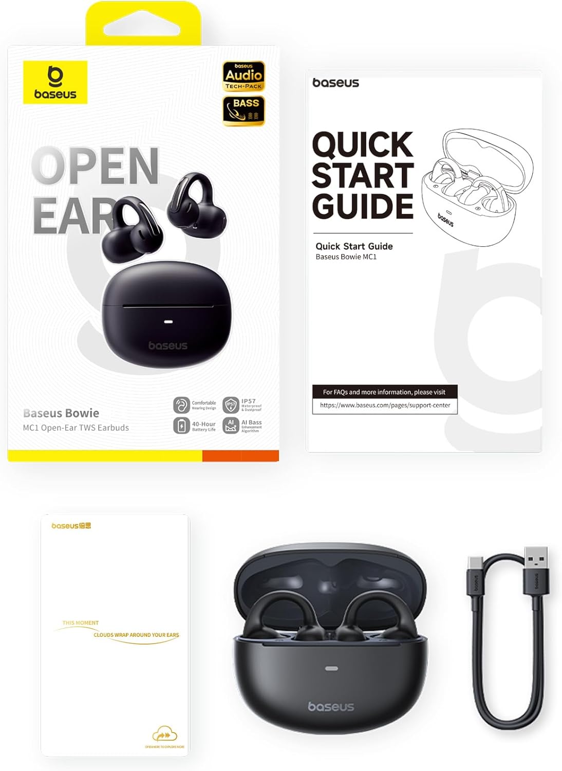 Auriculares abiertos de clip, Baseus MC1, BT , iPhone, Android.