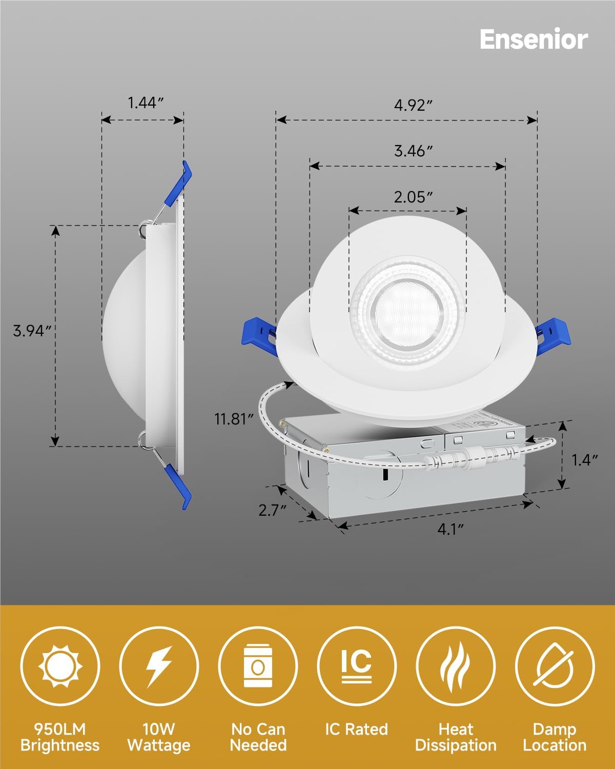 Ensenior Paquete de 4 luces LED empotrables 4"
