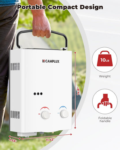 CAMPLUX Calentador de agua sin tanque para exteriores, 1.32 GPM portátil.