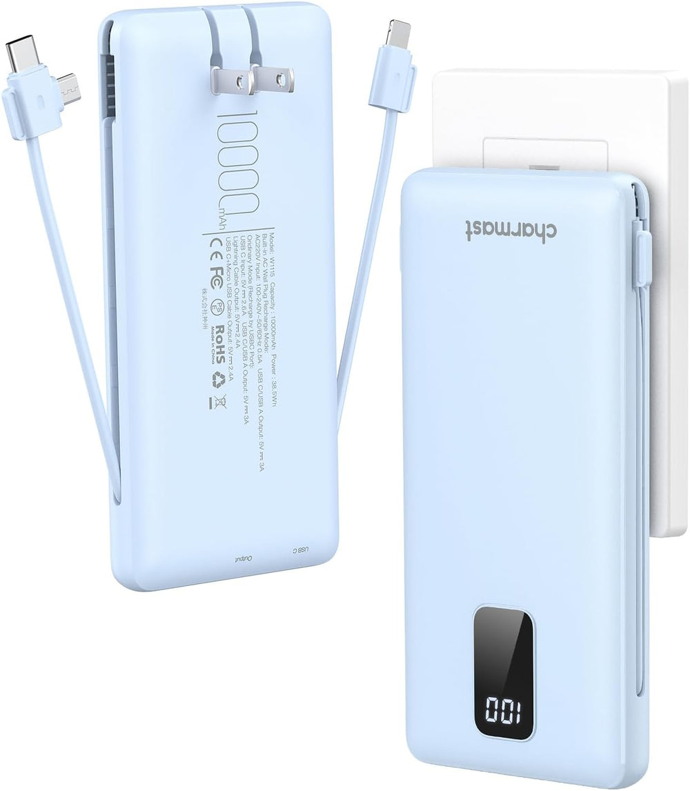 Charmast Cargador portátil con cables integrados y enchufe de pared.