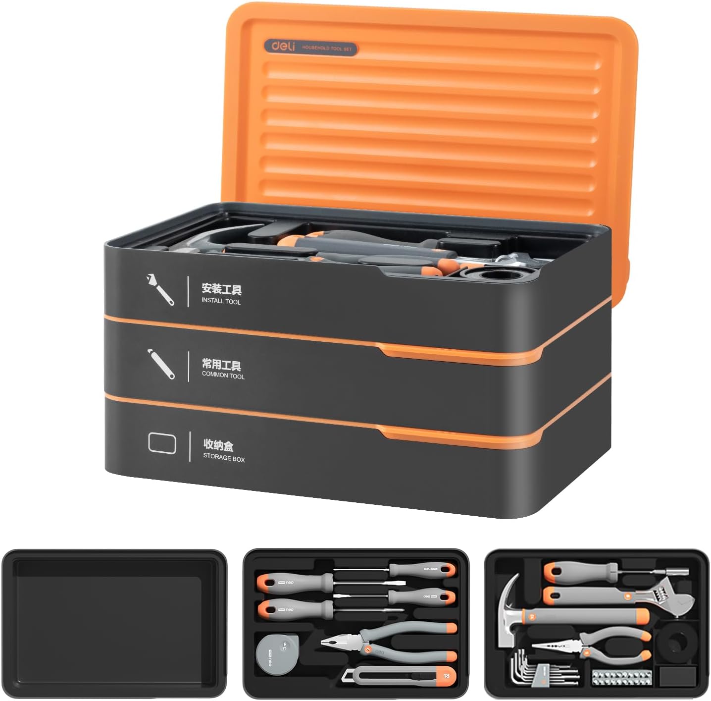 Juego de herramientas de mano, cajas apilables, compacta, Deli.