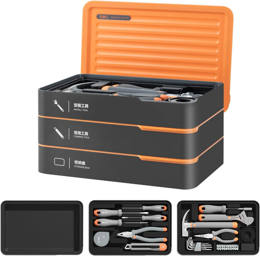 Juego de herramientas de mano, cajas apilables, compacta, Deli.