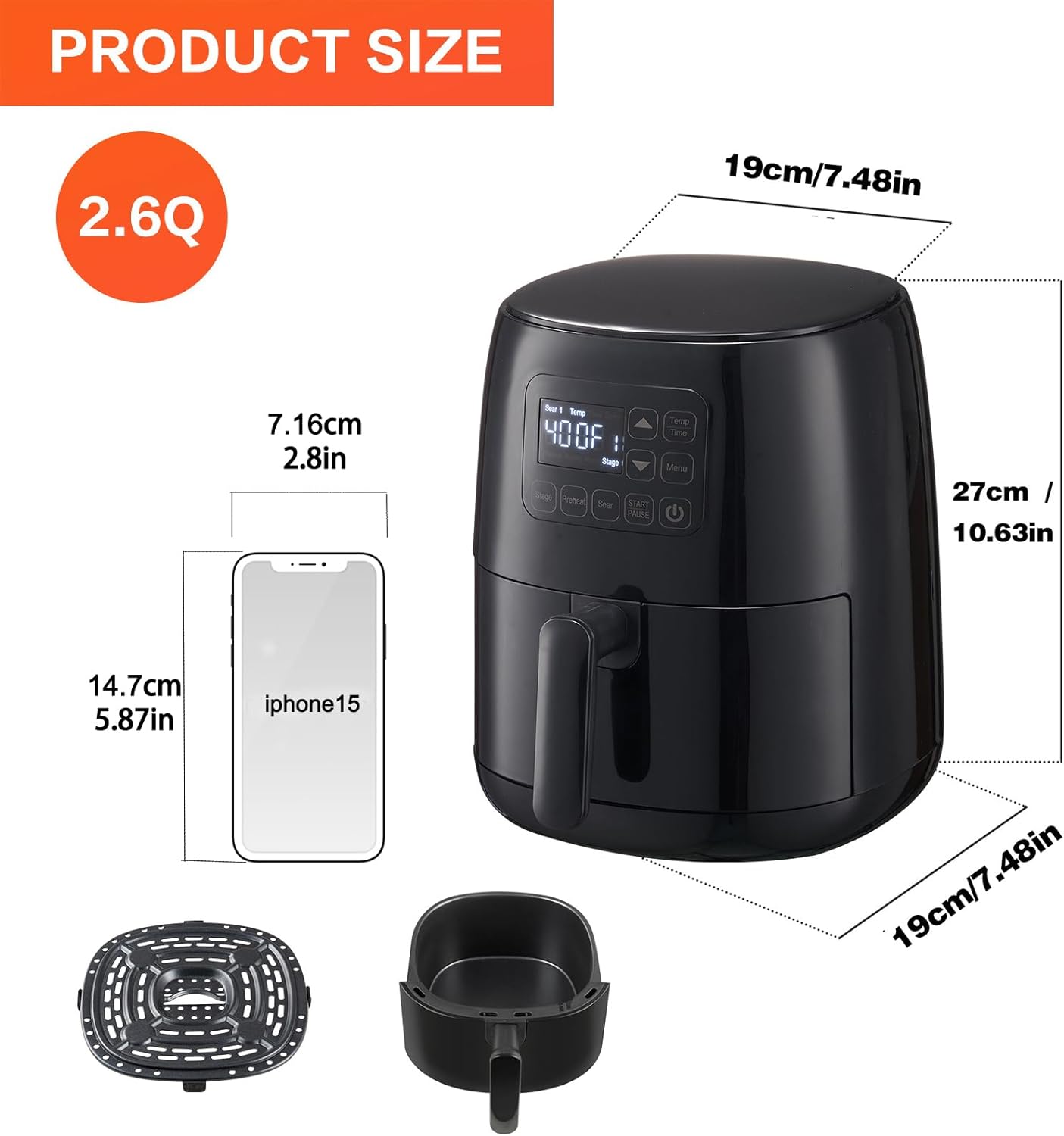 FREIDORA DE AIRE 2.6QT, CONTROL TACTIL, FUNCION PRECALENTADO.