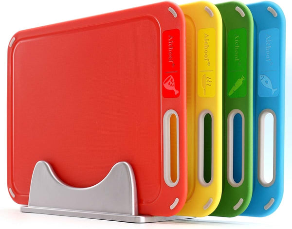 Tablas de cortar de plástico, juego de 4 con soporte, sin BPA, Aichoof.
