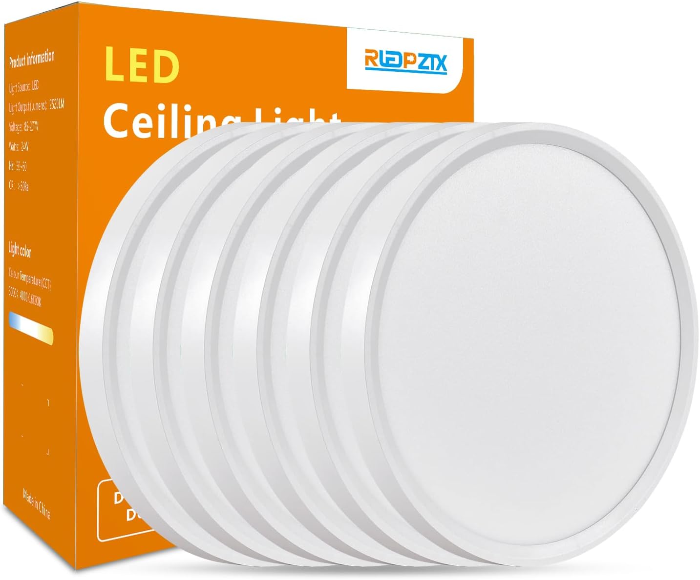 Paquete de 6 lámparas de techo LED, 12", redondas, blancas.