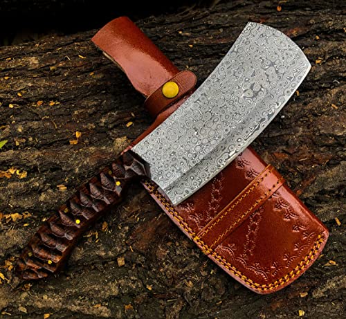 Cuchillo de carnicero, Damasco, hecho a mano, con funda.
