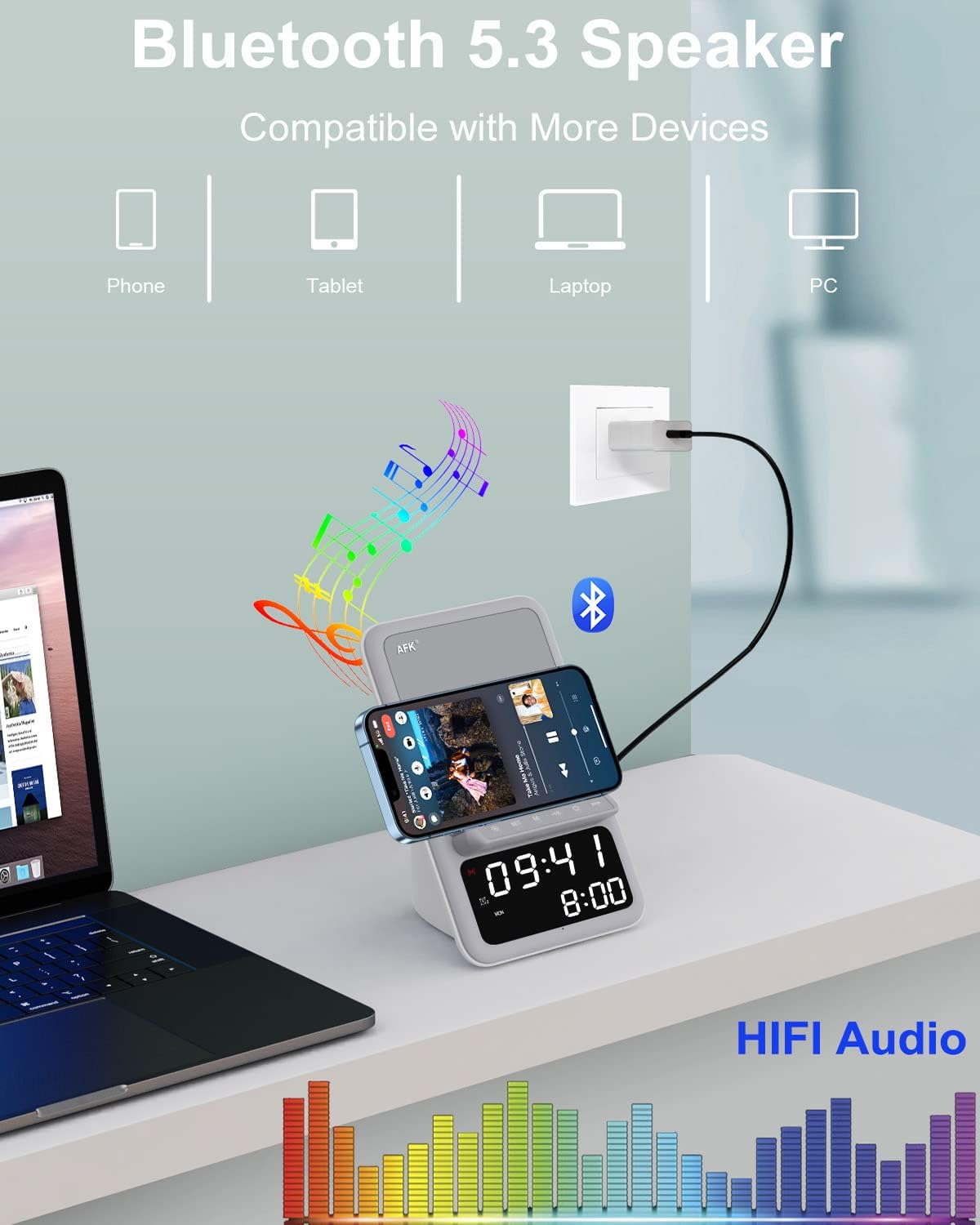 Estación, carga inalámbrica, altavoz Bluetooth, reloj despertador.