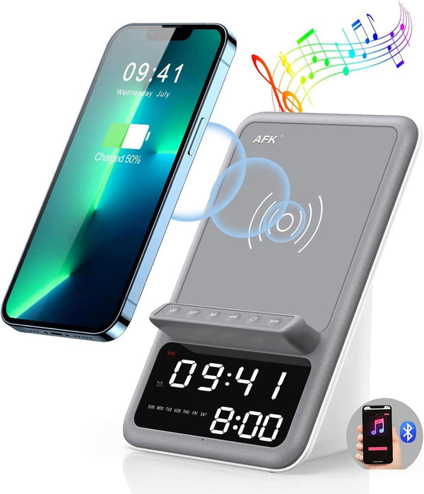 Estación, carga inalámbrica, altavoz Bluetooth, reloj despertador.