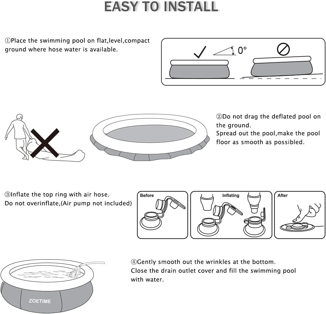 Piscina inflable, Zoetime, PVC, 765 Gal. para niños y adultos, jardín o patio.