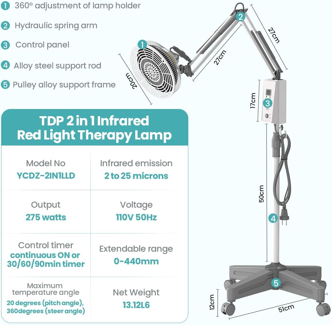 Terapia de luz roja infrarroja con base, dispositivo de lámpara de calor YUNCHI