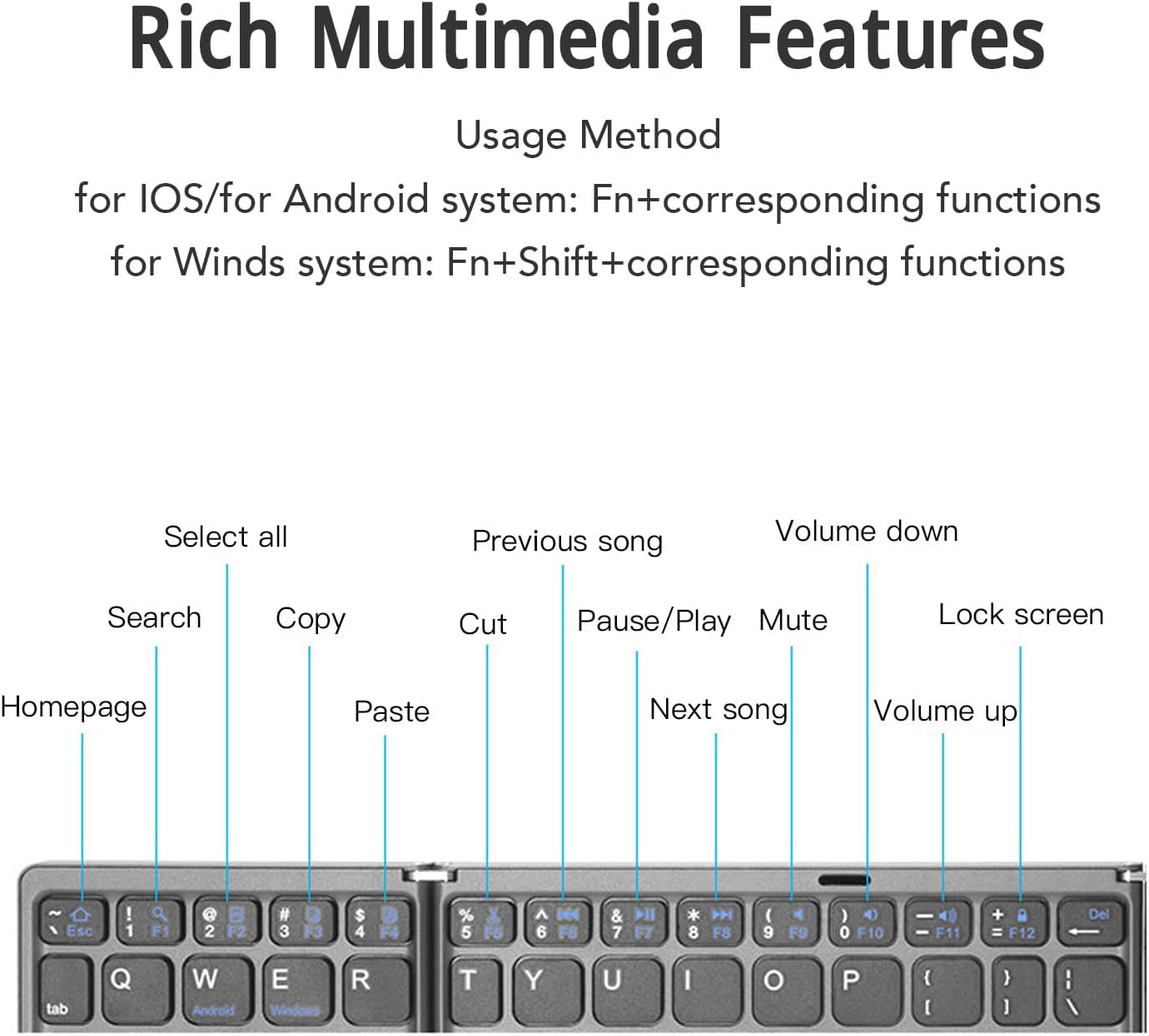 Teclado plegable, conexion bluetooth, 30CM largo, 15.5 plegado
