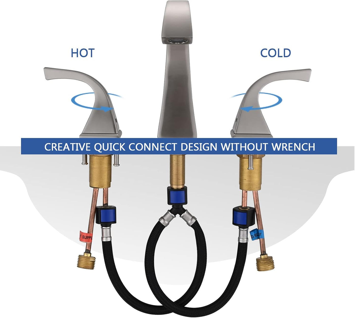 Grifo de baño EQLOO de níquel cepillado con 3 orificios y desagüe.