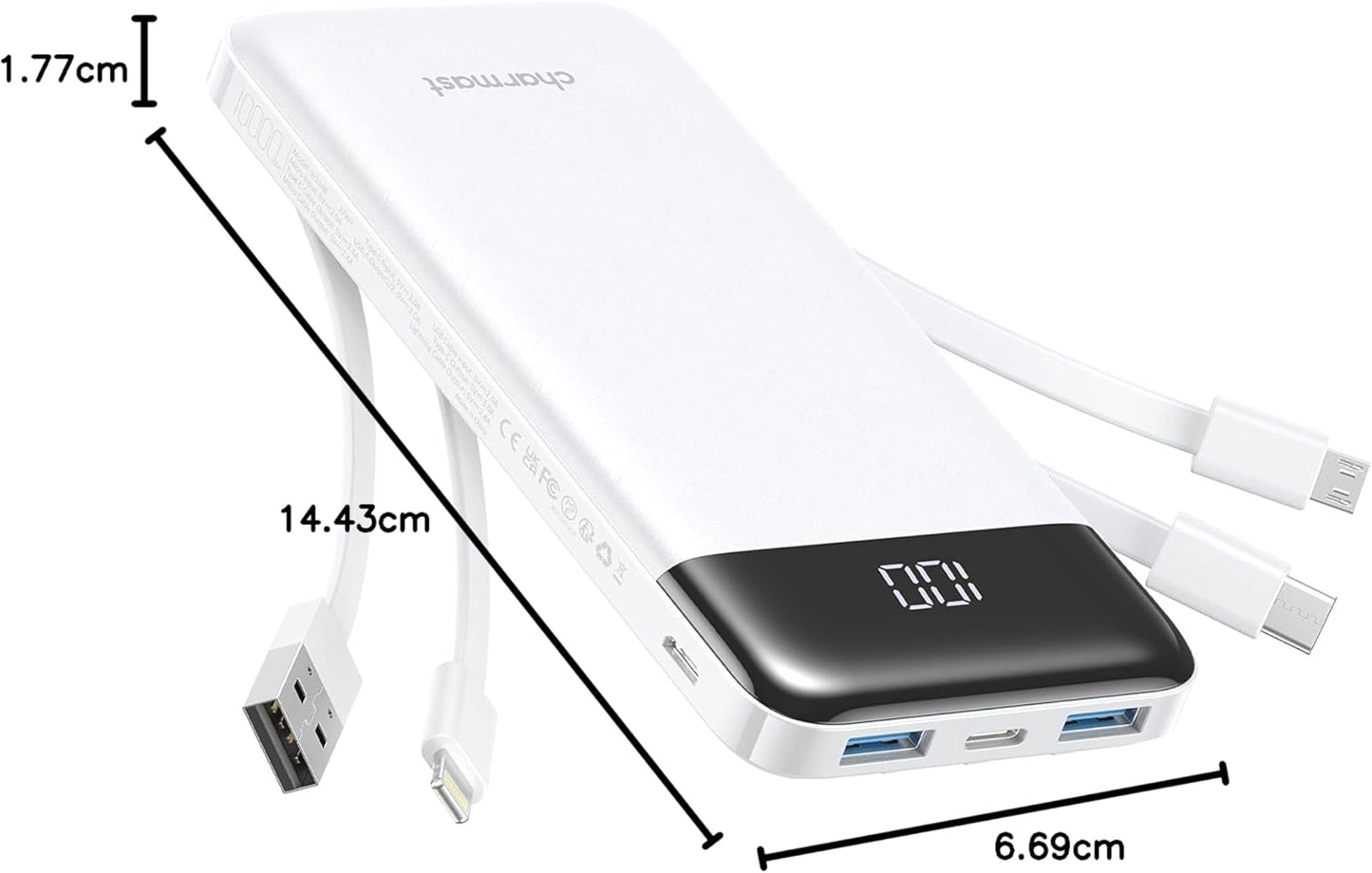 Charmast - Batería portátil con cable integrado 10 000 mAh.