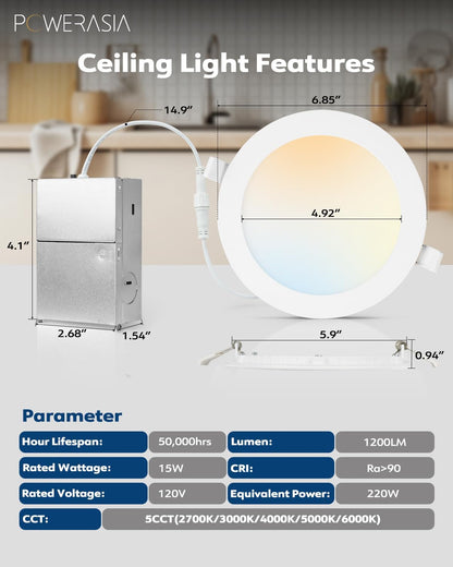 Luces LED Empotrables 6” 12 Pack 5CCT 15W 1200lm powerasia.