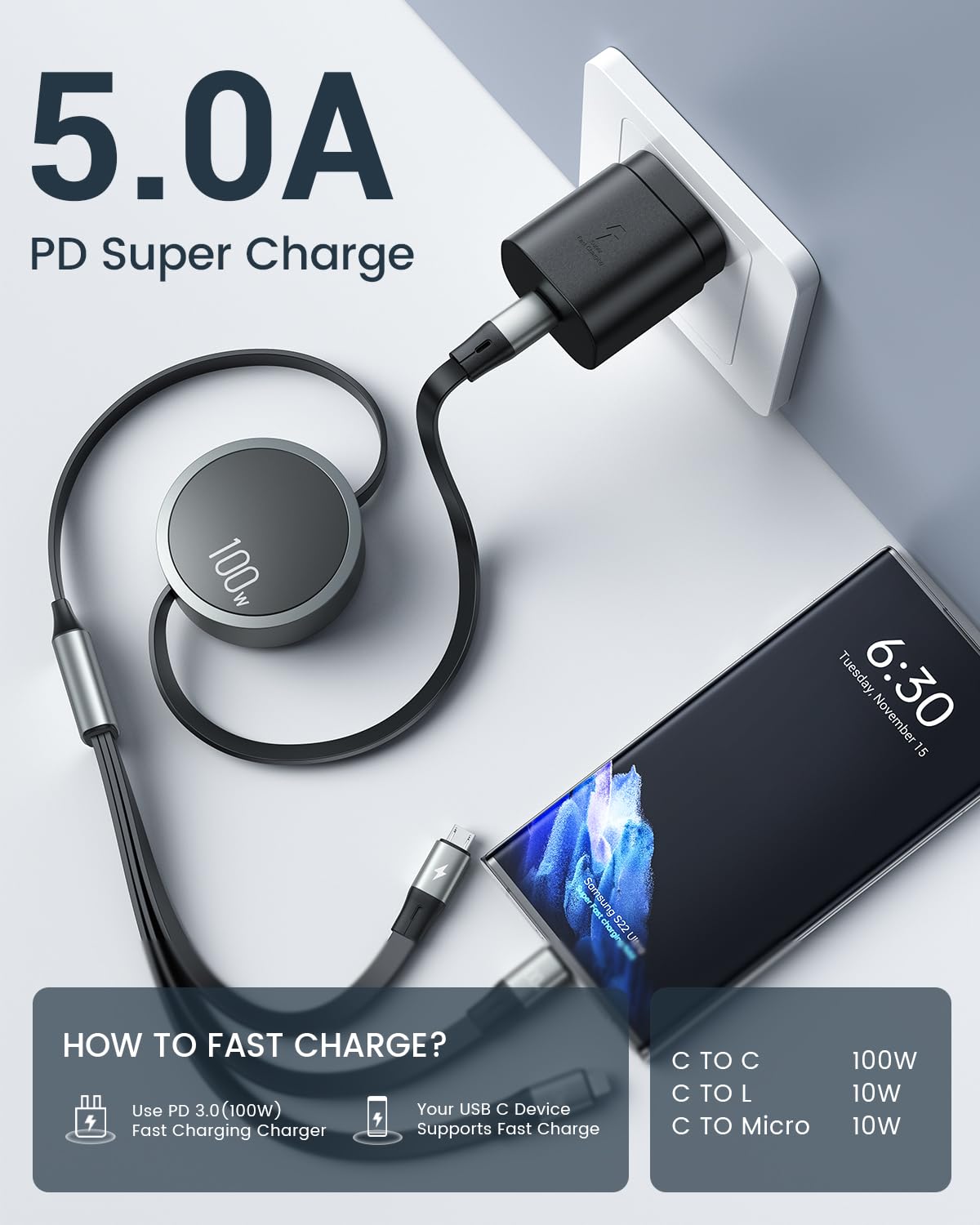 Cable de carga múltiple de 100 W, retráctil, Cafele 3 en 1.