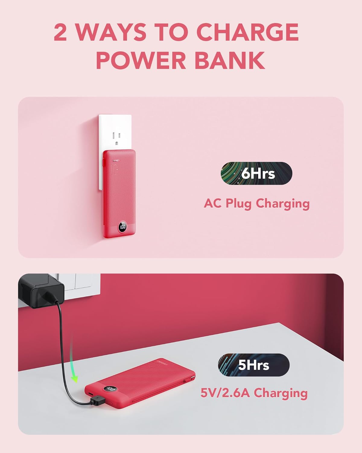 VRURC Cargador portátil con cables y enchufe, 10000mAh.