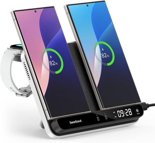 Cargador Inalámbrico Dual para telefonos, earbuds Y reloj.