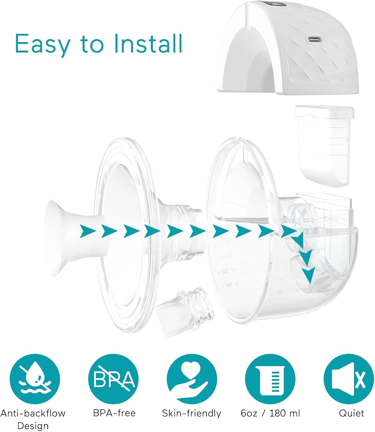 Extractor de leche manos libres portátil, 338 mmHg. Paruu P10