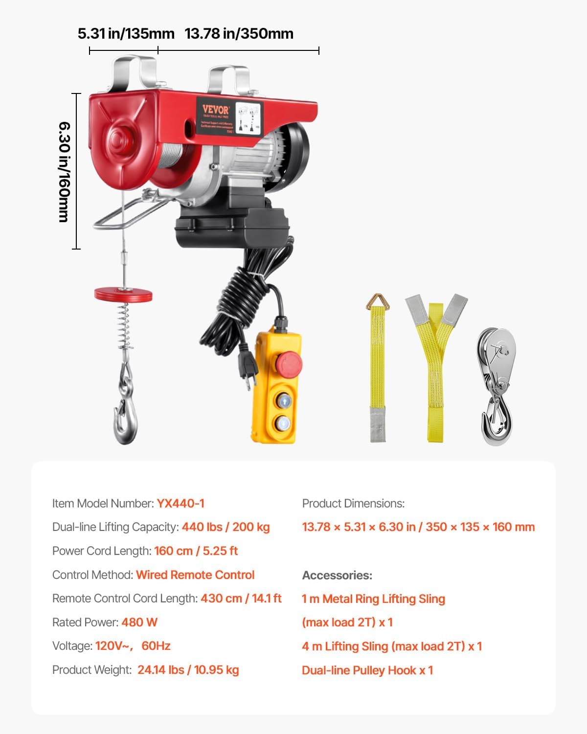 Polipasto eléctrico con control remoto, VEVOR, 440 lbs. 110 V.