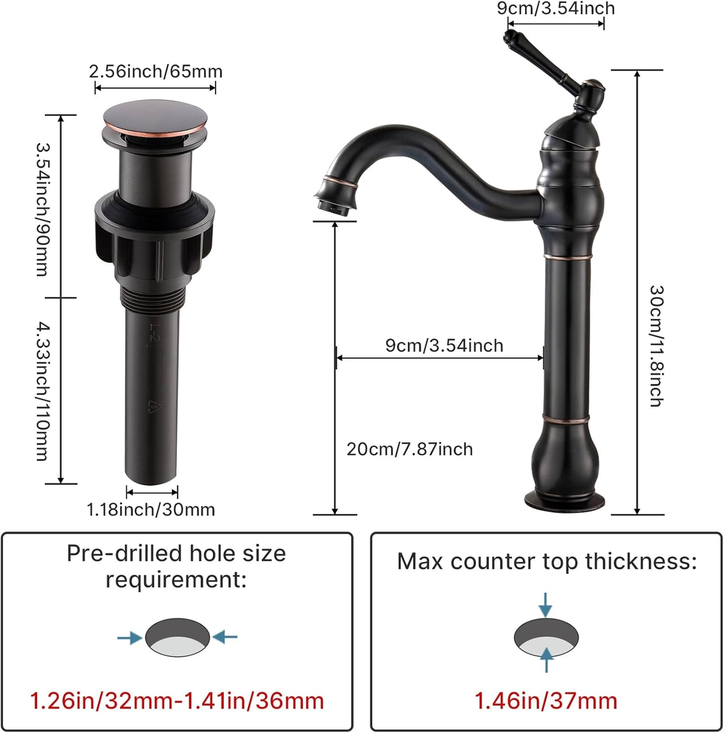 Grifo giratorio de 360° para lavabo de una sola manija y drenaje, bronce aceitado