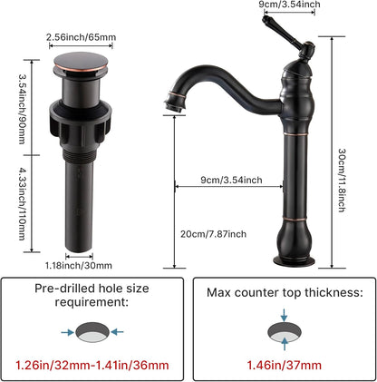 Grifo giratorio de 360° para lavabo de una sola manija y drenaje, bronce aceitado