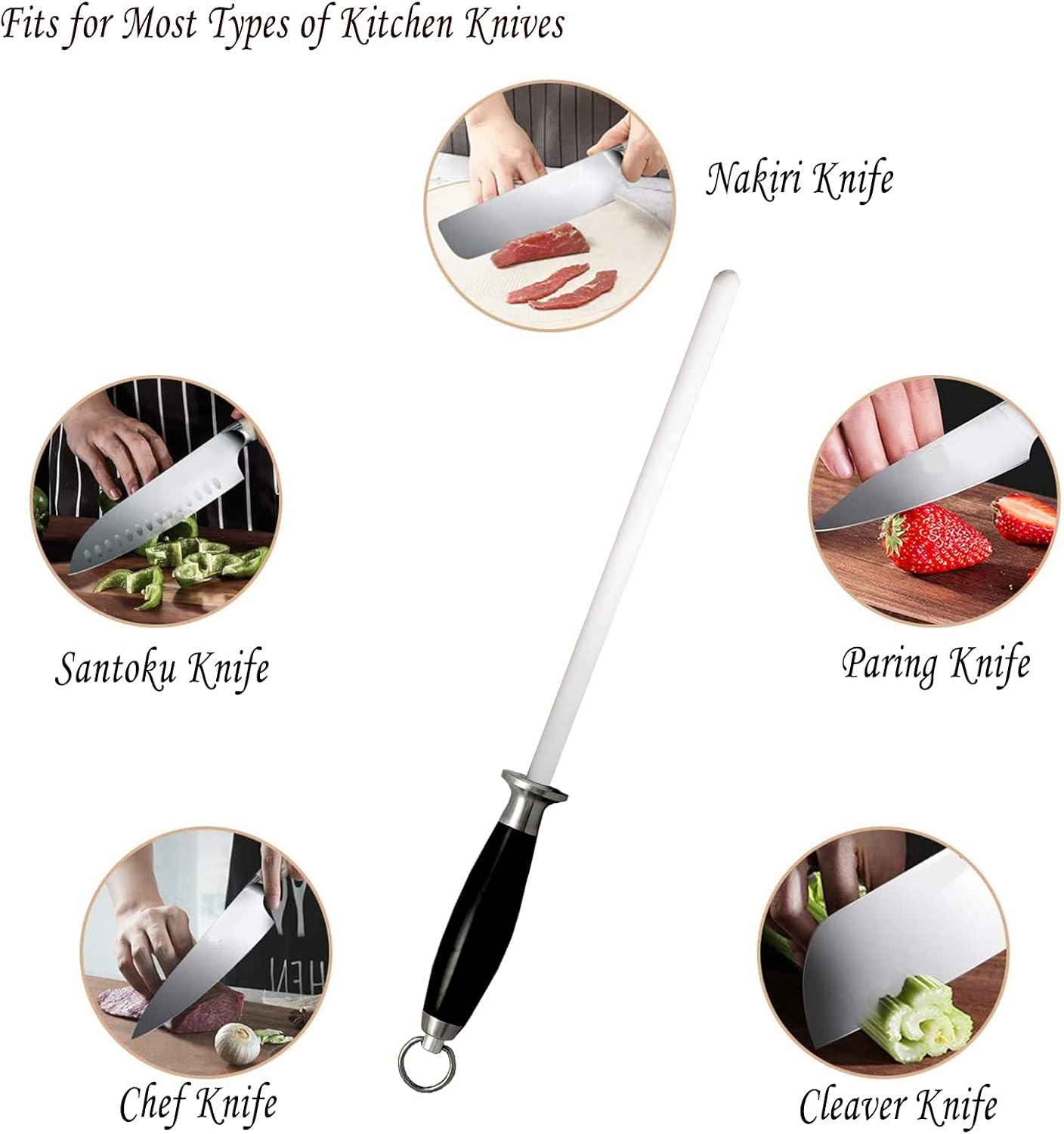 Varilla de afilar, cerámica, 9", P/cuchillos profesionales y caseros.