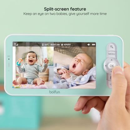 Monitor de vídeo para bebé BOIFUN, 5" y 2 cámaras, 2K Wi-Fi 2,4 GHz.
