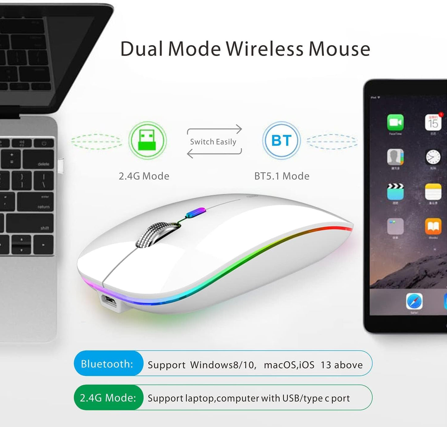 Ratón inalámbrico Bluetooth TENMOS, LED delgado.