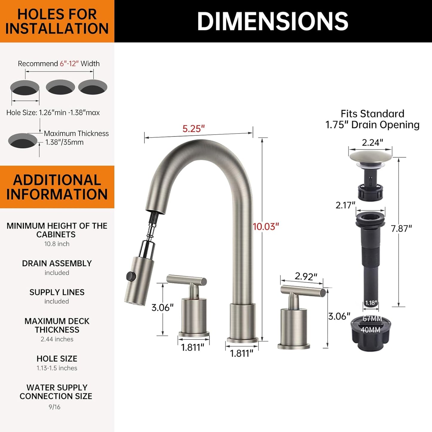 Grifo de baño desplegable con rociador 360° en acero inoxidable cepillado con drenaje emergente