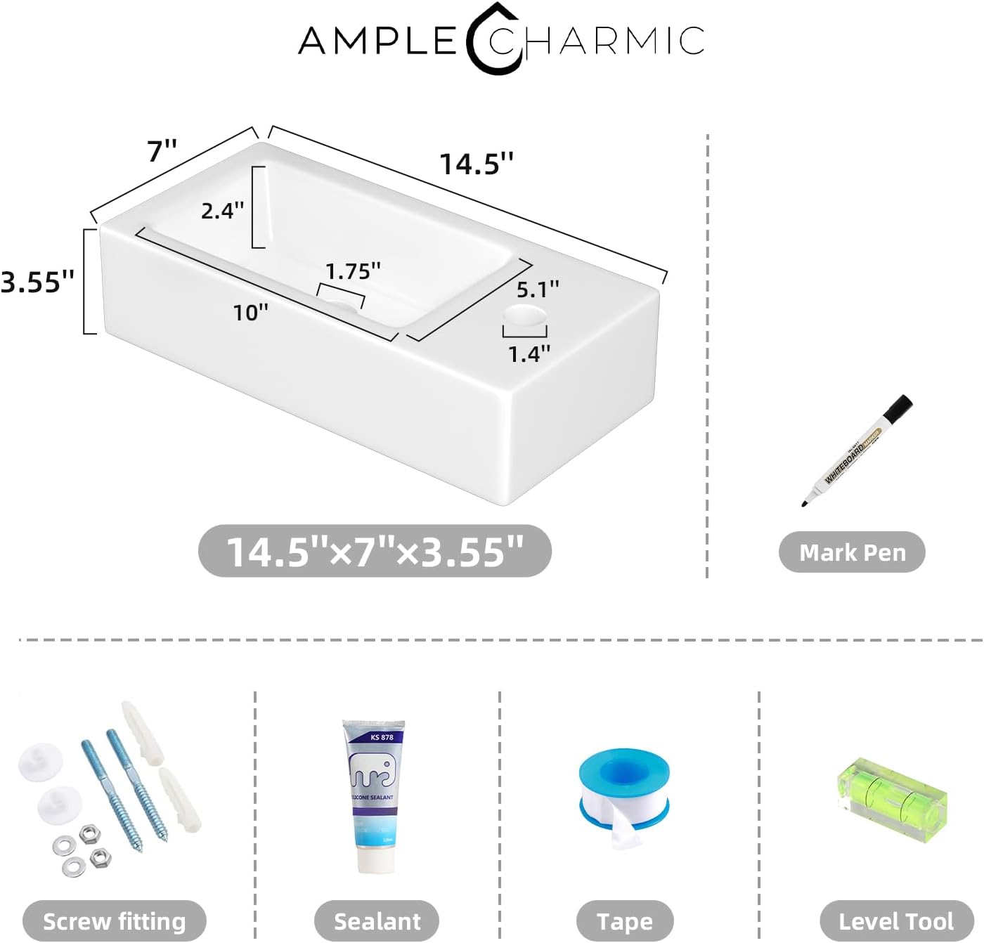 Fregadero montado en la pared para baño pequeño, 14.5 x 7.3".