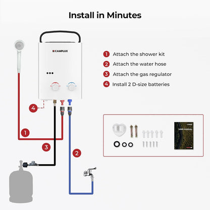 CAMPLUX Calentador de agua sin tanque para exteriores, 1.32 GPM portátil.
