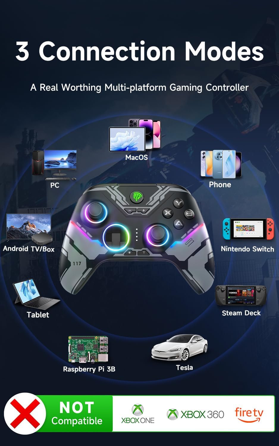 Controlador inalámbrico Bluetooth, para PC, iluminación RGB (USADO).