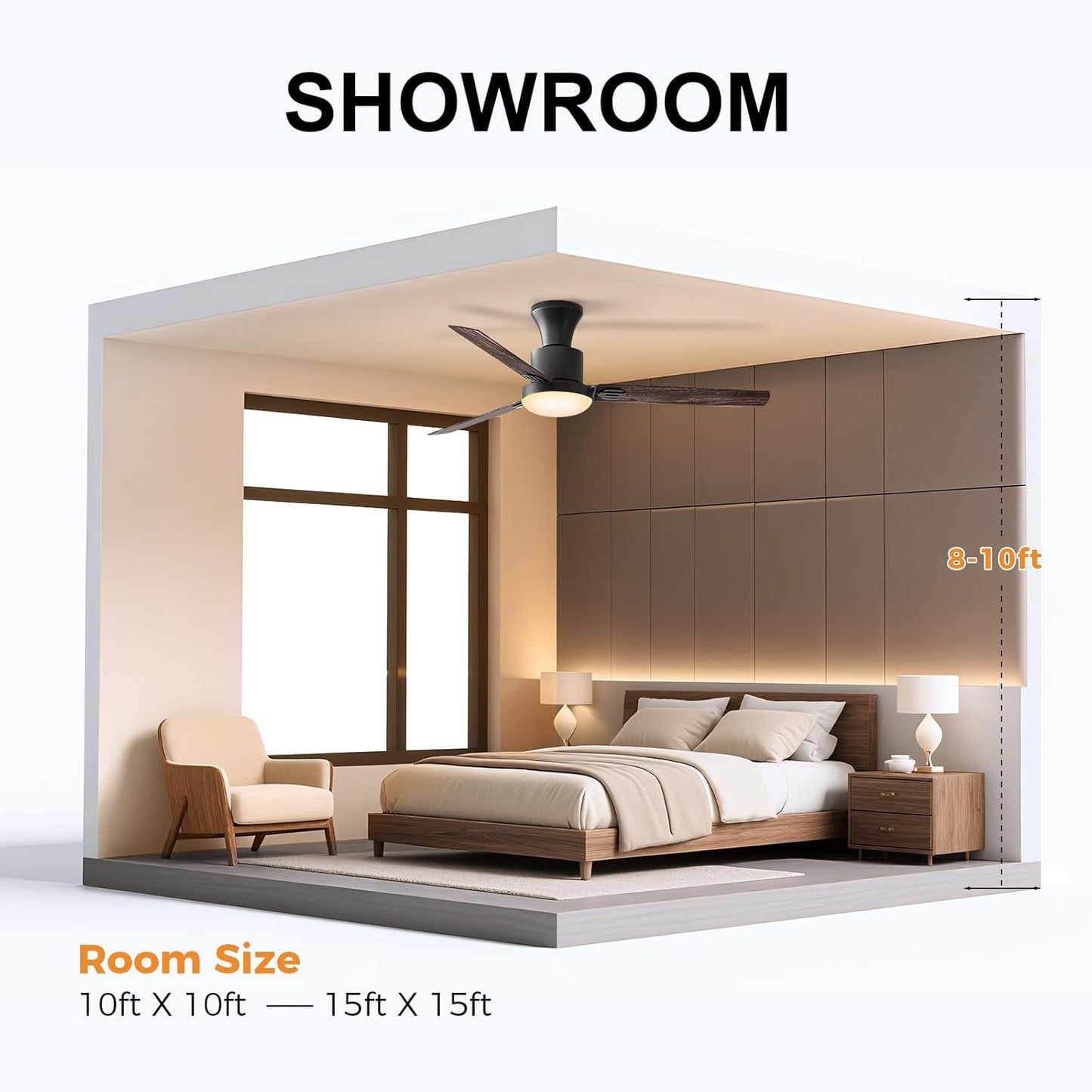 Ventilador de techo, empotrable, 42", control remoto, luz regulable.