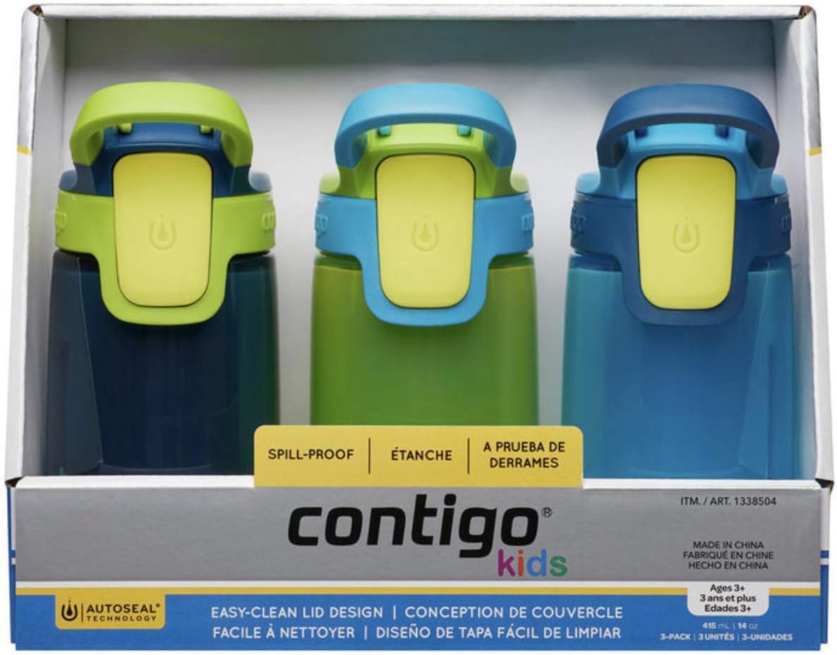 Frascos de agua Contigo para niños, color azul marino/verde/azul, 415 ml, paquete de 3.