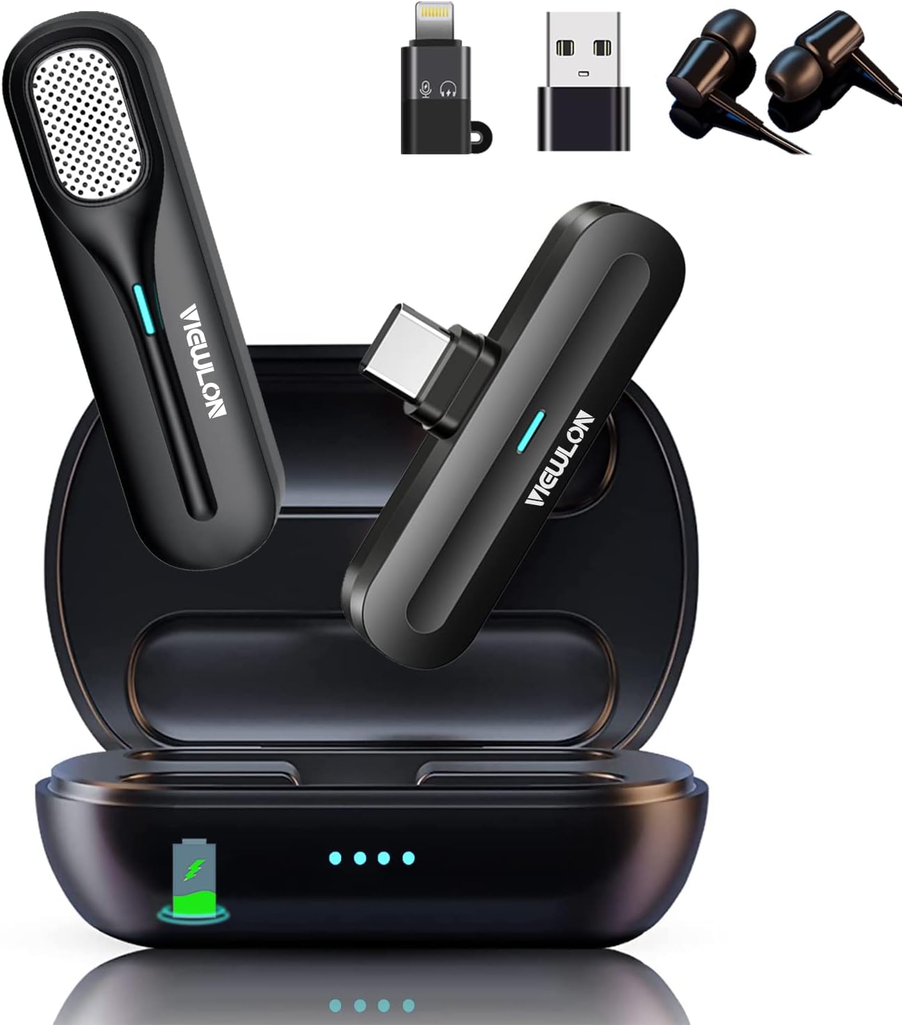 Micrófono inalámbrico Lavalier, con funda de carga, Plug & Play.