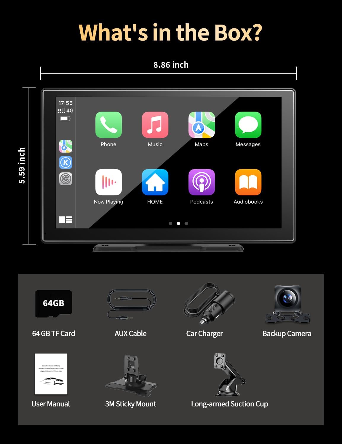 Visualización portátil de 9 " para coche, Apple CarPlay y Android Auto, cámara 4K y 1080P