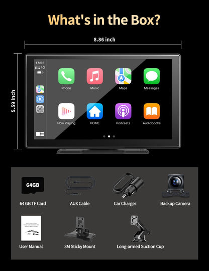 Visualización portátil de 9 " para coche, Apple CarPlay y Android Auto, cámara 4K y 1080P